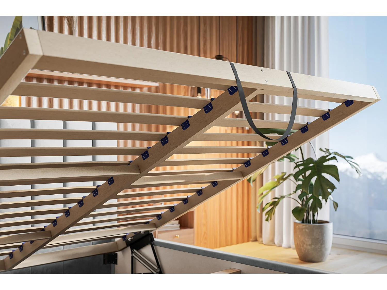 Lit rembourré TOKIO SLIM avec tête de lit, 180x200 cm, avec coffre de rangement et sommier à lattes en bois, couleur: gris, tissu velours