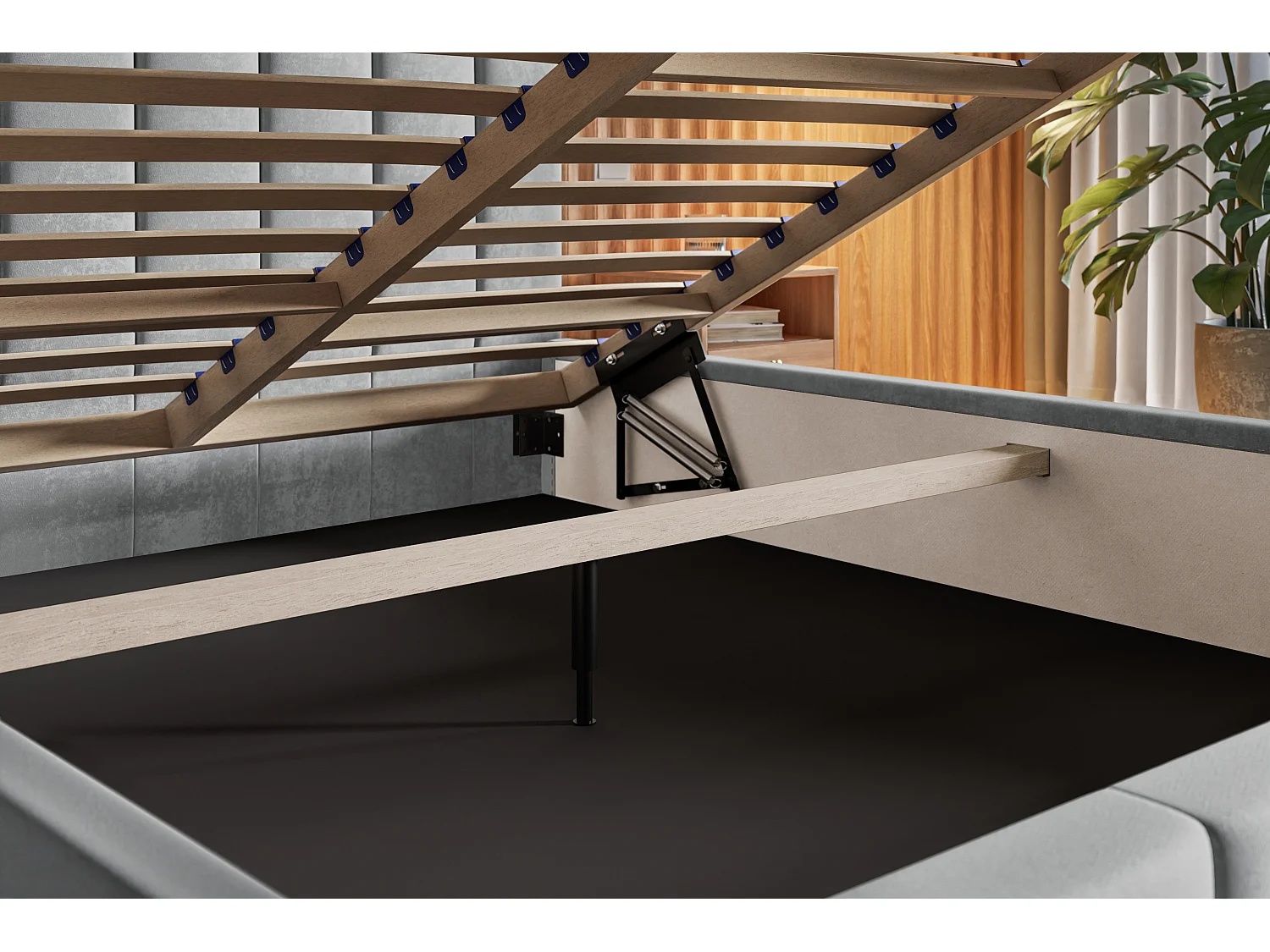 Lit rembourré TOKIO SLIM avec tête de lit, 180x200 cm, avec coffre de rangement et sommier à lattes en bois, couleur: gris, tissu velours