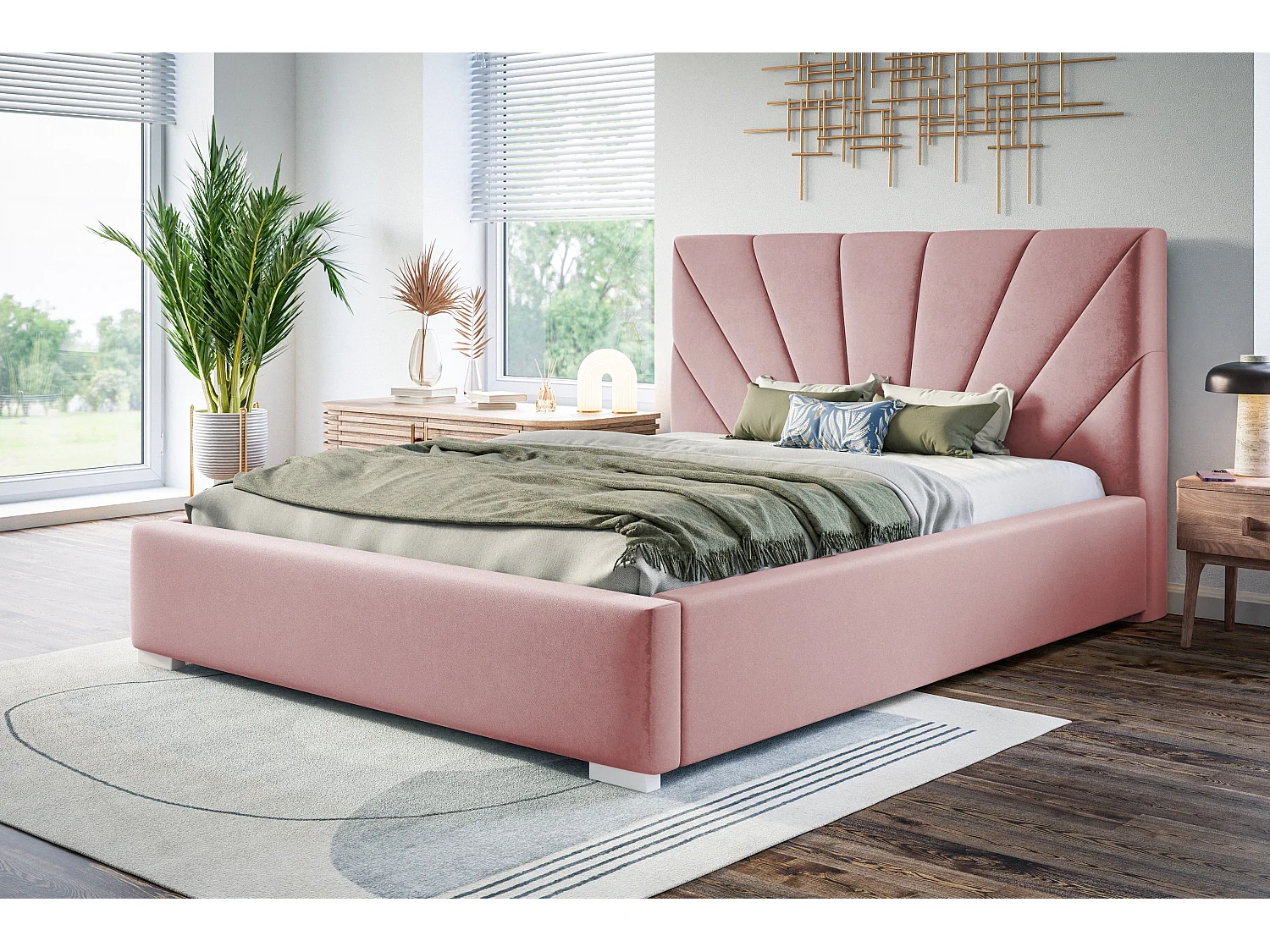 Lit rembourré Denver avec tête de lit, 140x200 cm,  avec coffre de rangement et sommier à lattes en bois, tissu velours, couleur: rose