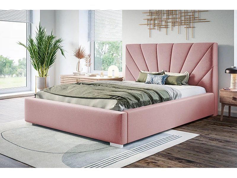 Lit rembourré Denver avec tête de lit, 140x200 cm, lit double avec coffre de rangement et sommier à lattes en bois, tissu velours, couleur : rose