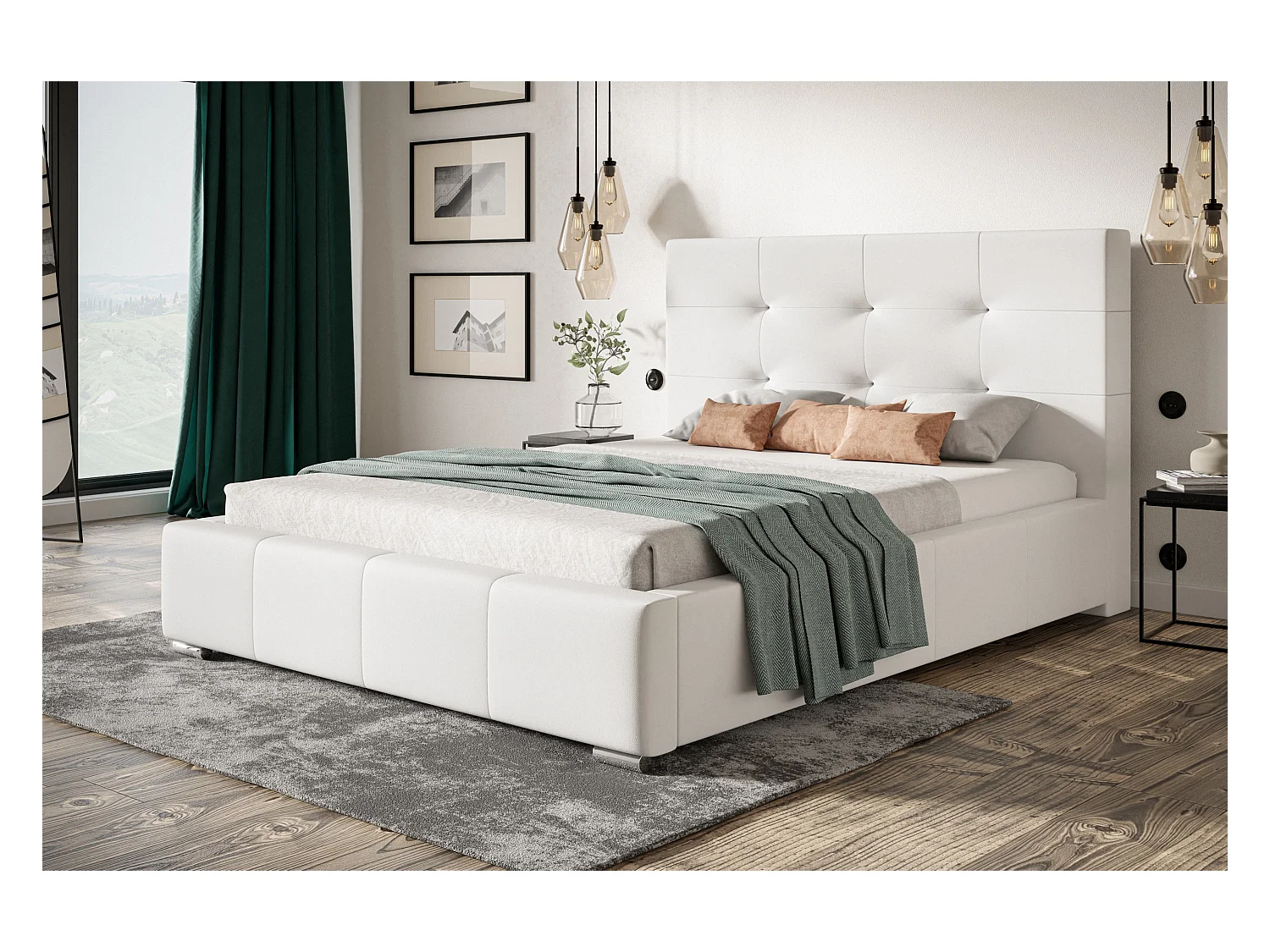 Lit rembourré Oslo avec tête de lit, 180x200 cm, lit double avec coffre de rangement et sommier à lattes en bois, tissu structuré, couleur : gris foncé