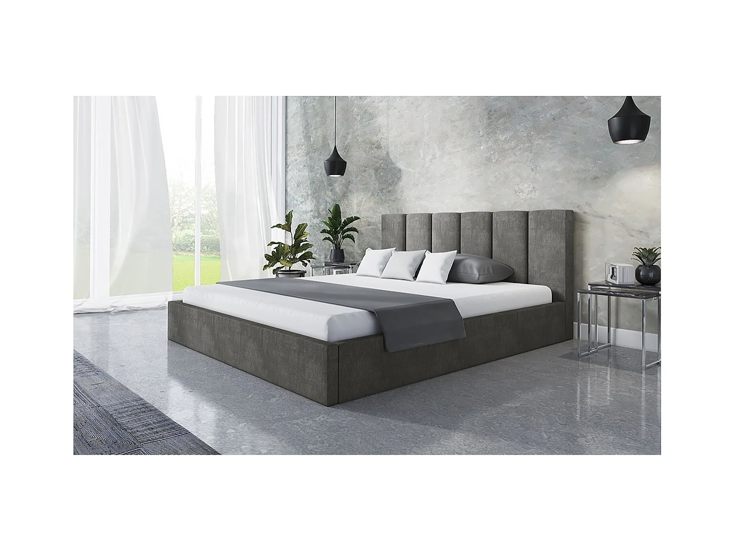 Lit rembourré TOKIO SLIM avec tête de lit, 140 x 200 cm, lit double avec coffre de rangement et sommier à lattes en bois, couleur : gris, tissu velours