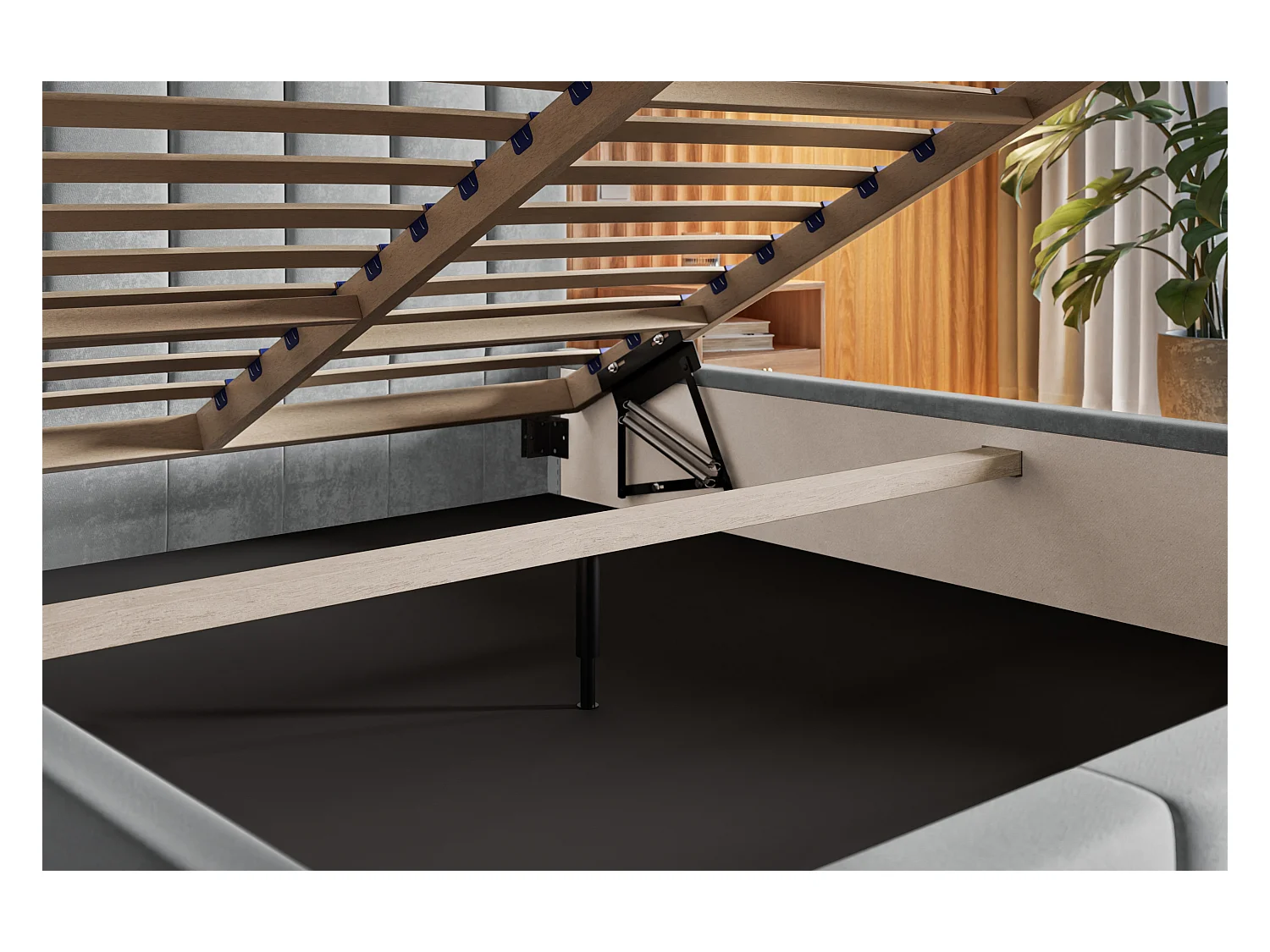 Lit rembourré TOKIO SLIM avec tête de lit, 140 x 200 cm, lit double avec coffre de rangement et sommier à lattes en bois, couleur : gris, tissu velours