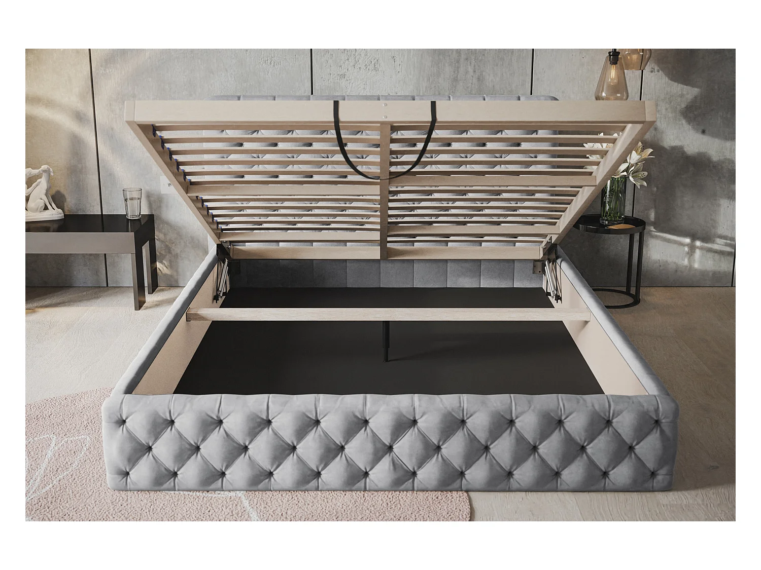 Lit rembourré MIAMI SLIM avec tête de lit, 120 x 200 cm, lit double avec coffre de rangement et sommier à lattes en bois, couleur : gris, tissu velours