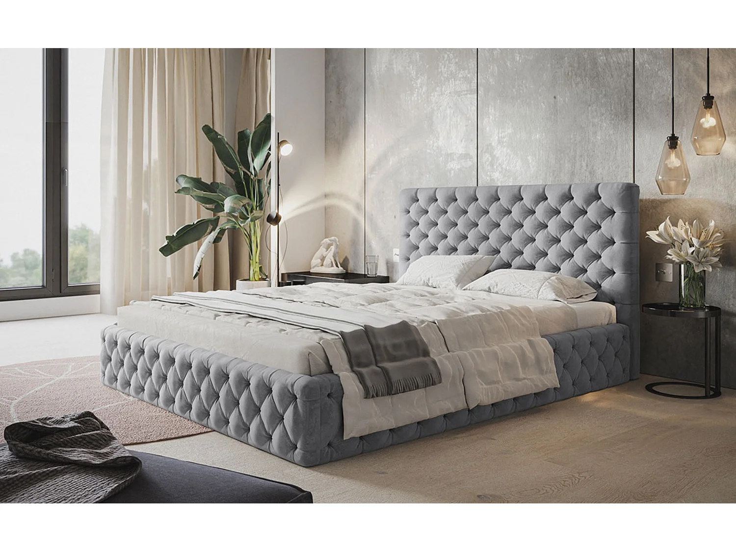 Lit rembourré MIAMI SLIM avec tête de lit, 120 x 200 cm, lit double avec coffre de rangement et sommier à lattes en bois, couleur : gris, tissu velours