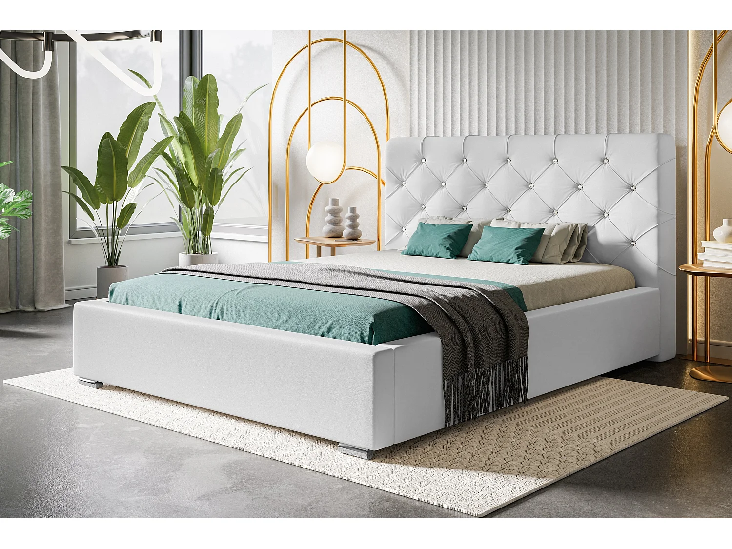 Lit rembourré Boston avec tête de lit, 160x200 cm,  avec coffre de rangement et sommier à lattes en bois, tissu velours, couleur: vert