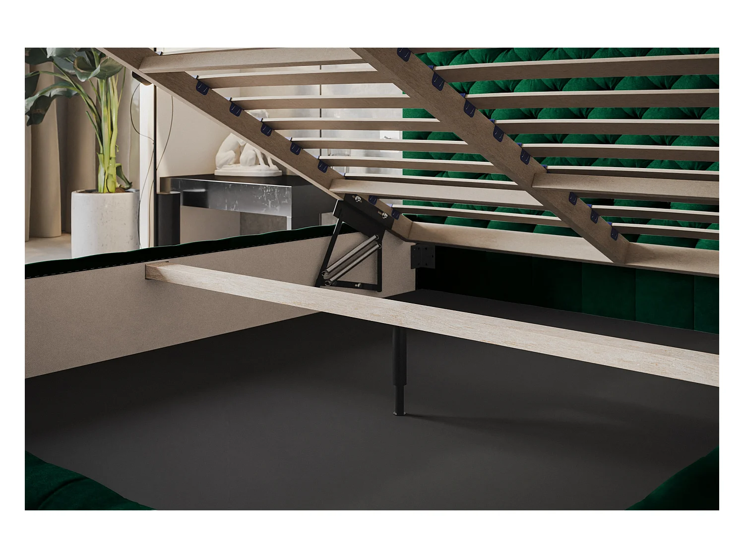 Lit rembourré MIAMI SLIM avec tête de lit, 180 x 200 cm, lit double avec coffre de rangement et sommier à lattes en bois, couleur : vert, tissu velours