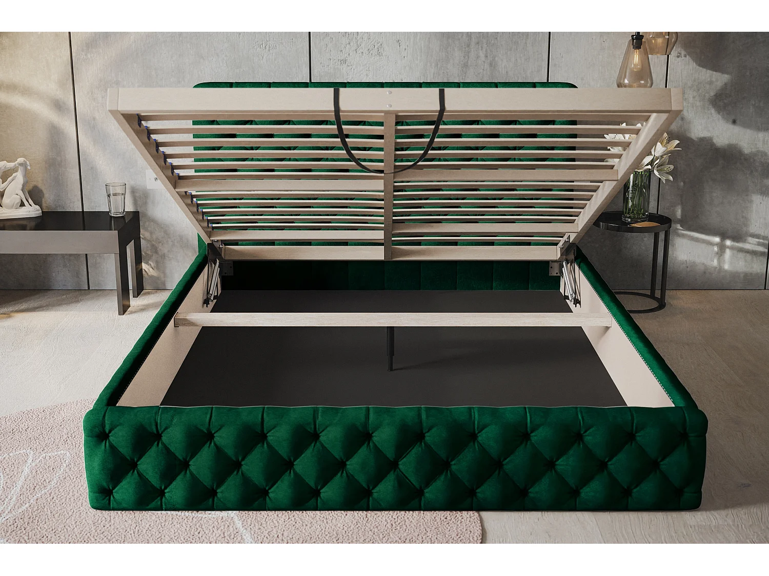 Lit rembourré MIAMI SLIM avec tête de lit, 180 x 200 cm, lit double avec coffre de rangement et sommier à lattes en bois, couleur : vert, tissu velours