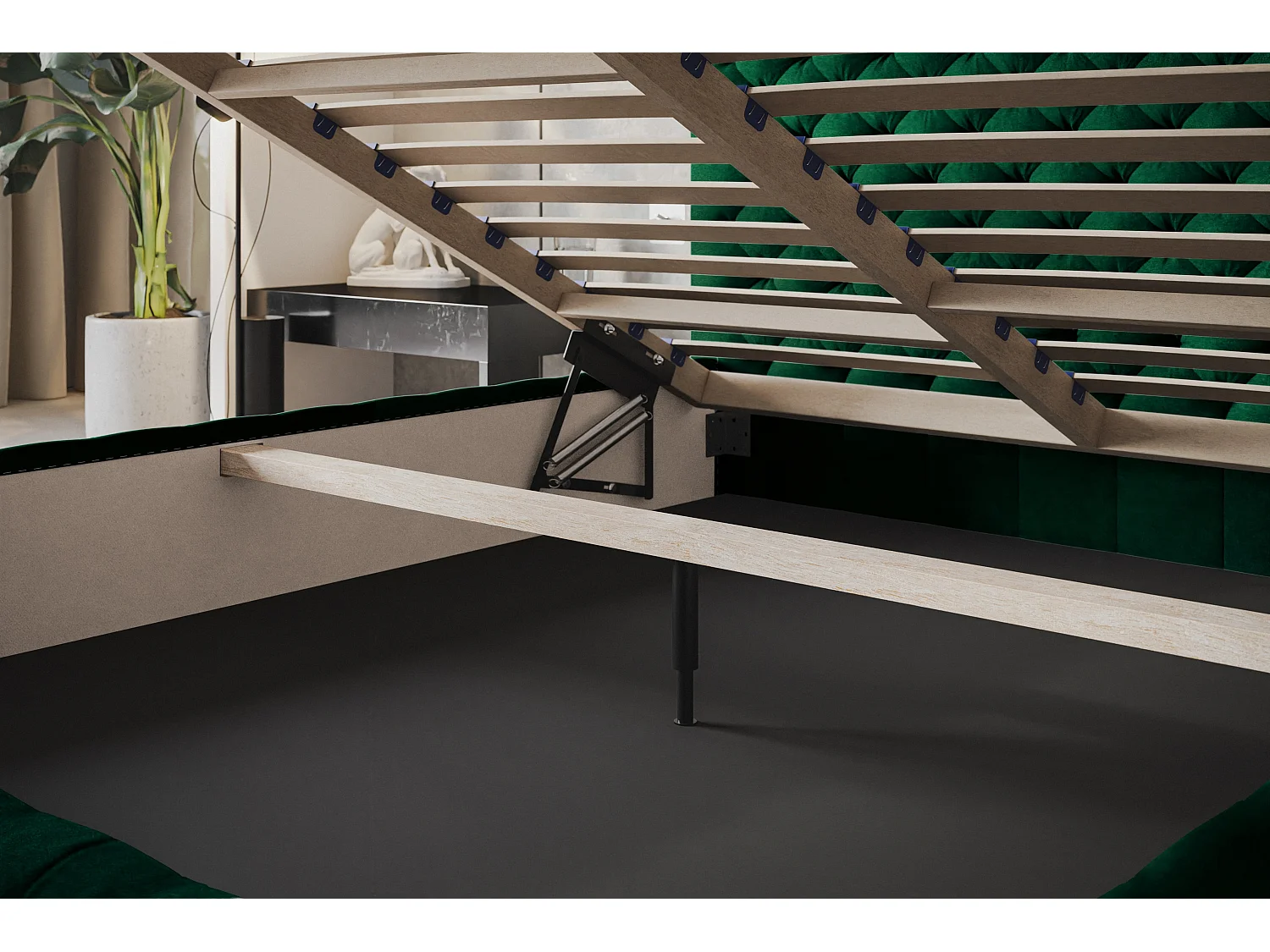 Lit rembourré MIAMI SLIM avec tête de lit, 180 x 200 cm, lit double avec coffre de rangement et sommier à lattes en bois, couleur : vert, tissu velours