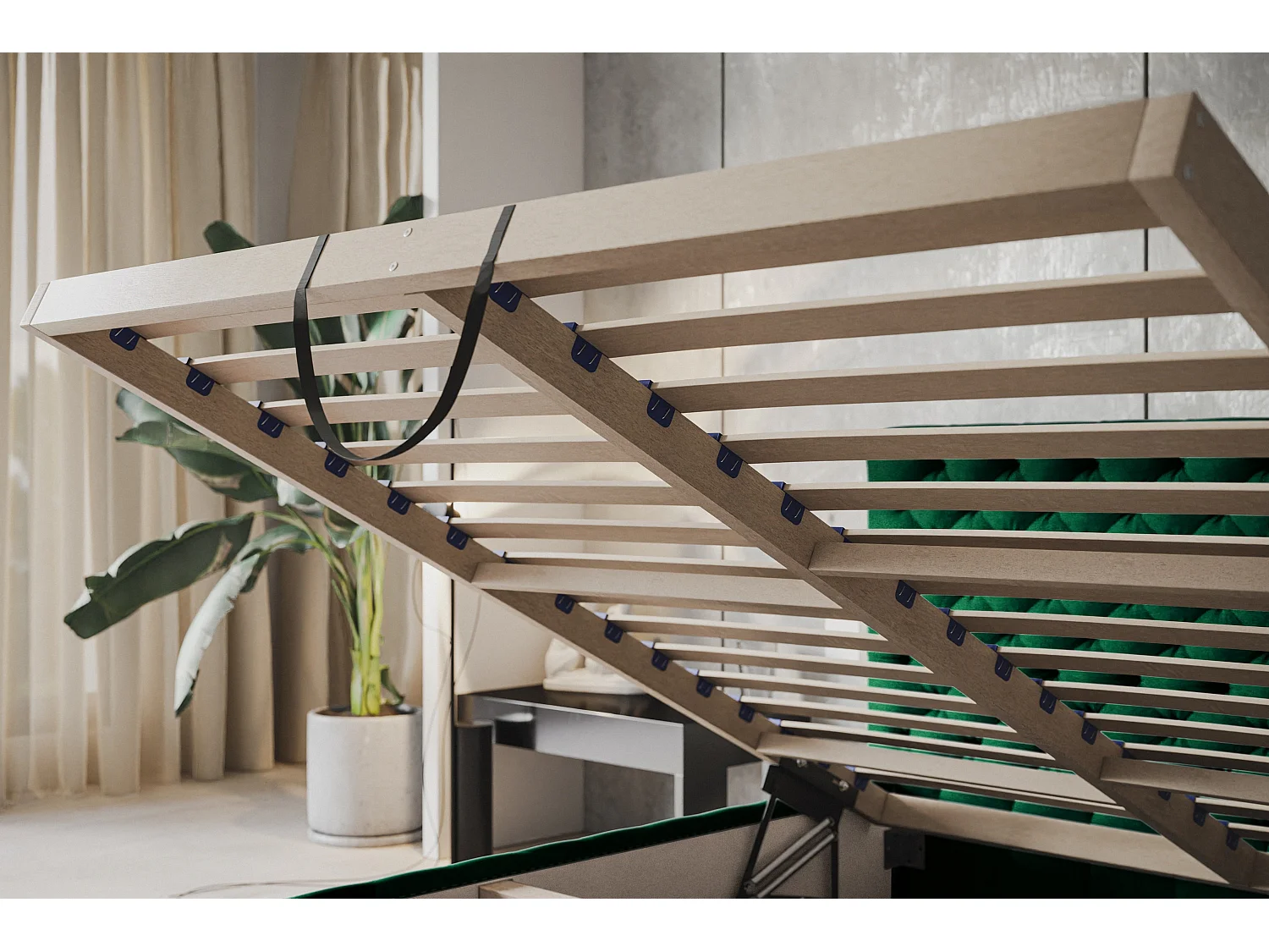 Lit rembourré MIAMI SLIM avec tête de lit, 180 x 200 cm, lit double avec coffre de rangement et sommier à lattes en bois, couleur : vert, tissu velours