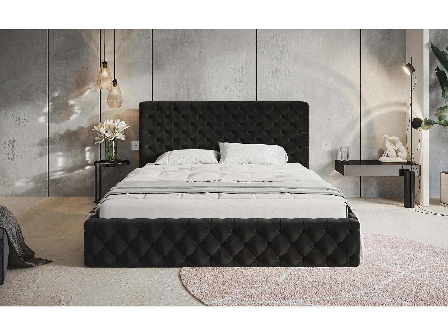 Lit rembourré MIAMI SLIM avec tête de lit, 180 x 200 cm, lit double avec coffre de rangement et sommier à lattes en bois, couleur : vert, tissu velours