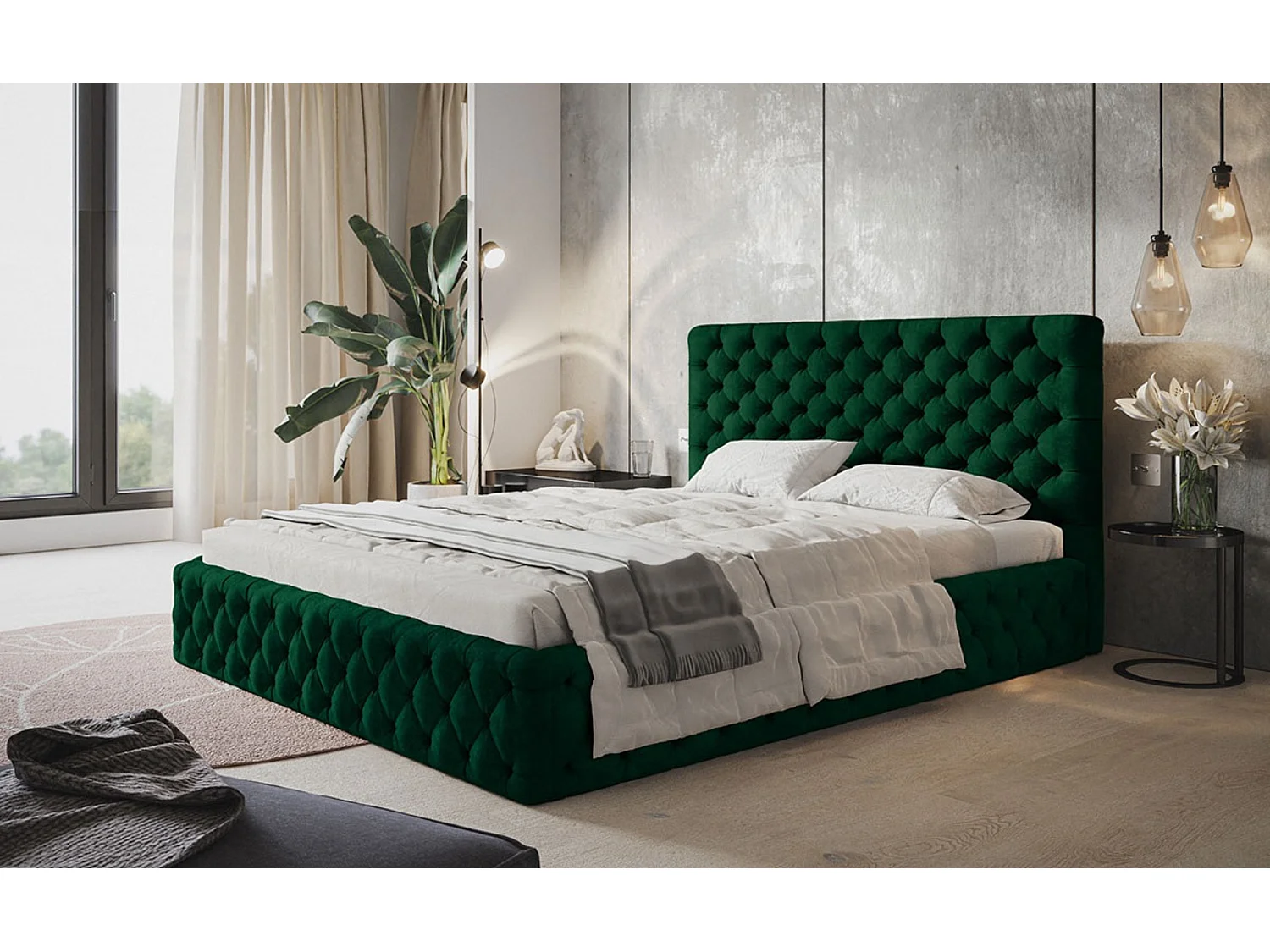 Lit rembourré MIAMI SLIM avec tête de lit, 180 x 200 cm, lit double avec coffre de rangement et sommier à lattes en bois, couleur : vert, tissu velours
