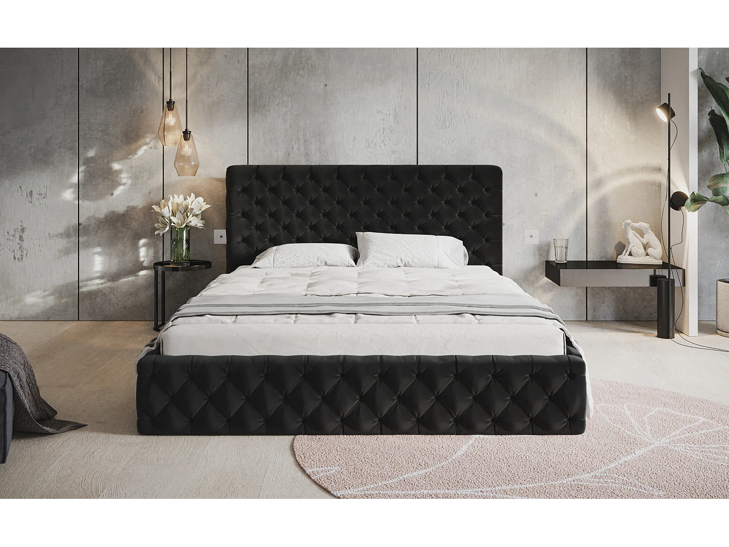 Lit rembourré MIAMI SLIM avec tête de lit, 180 x 200 cm, lit double avec coffre de rangement et sommier à lattes en bois, couleur : vert, tissu velours