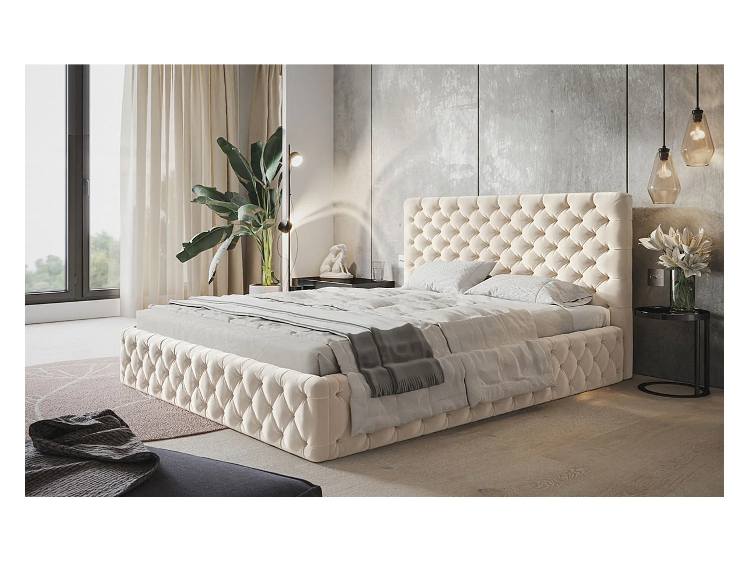 Lit rembourré MIAMI SLIM avec tête de lit, 160 x 200 cm, lit double avec coffre de rangement et sommier à lattes en bois, couleur : beige, tissu velours