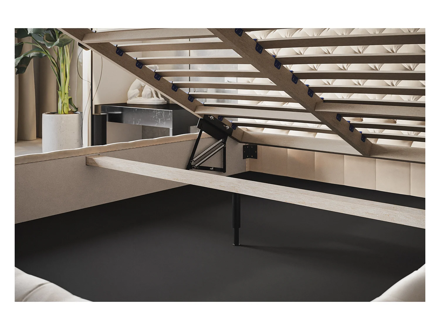 Lit rembourré MIAMI SLIM avec tête de lit, 160 x 200 cm, lit double avec coffre de rangement et sommier à lattes en bois, couleur : beige, tissu velours