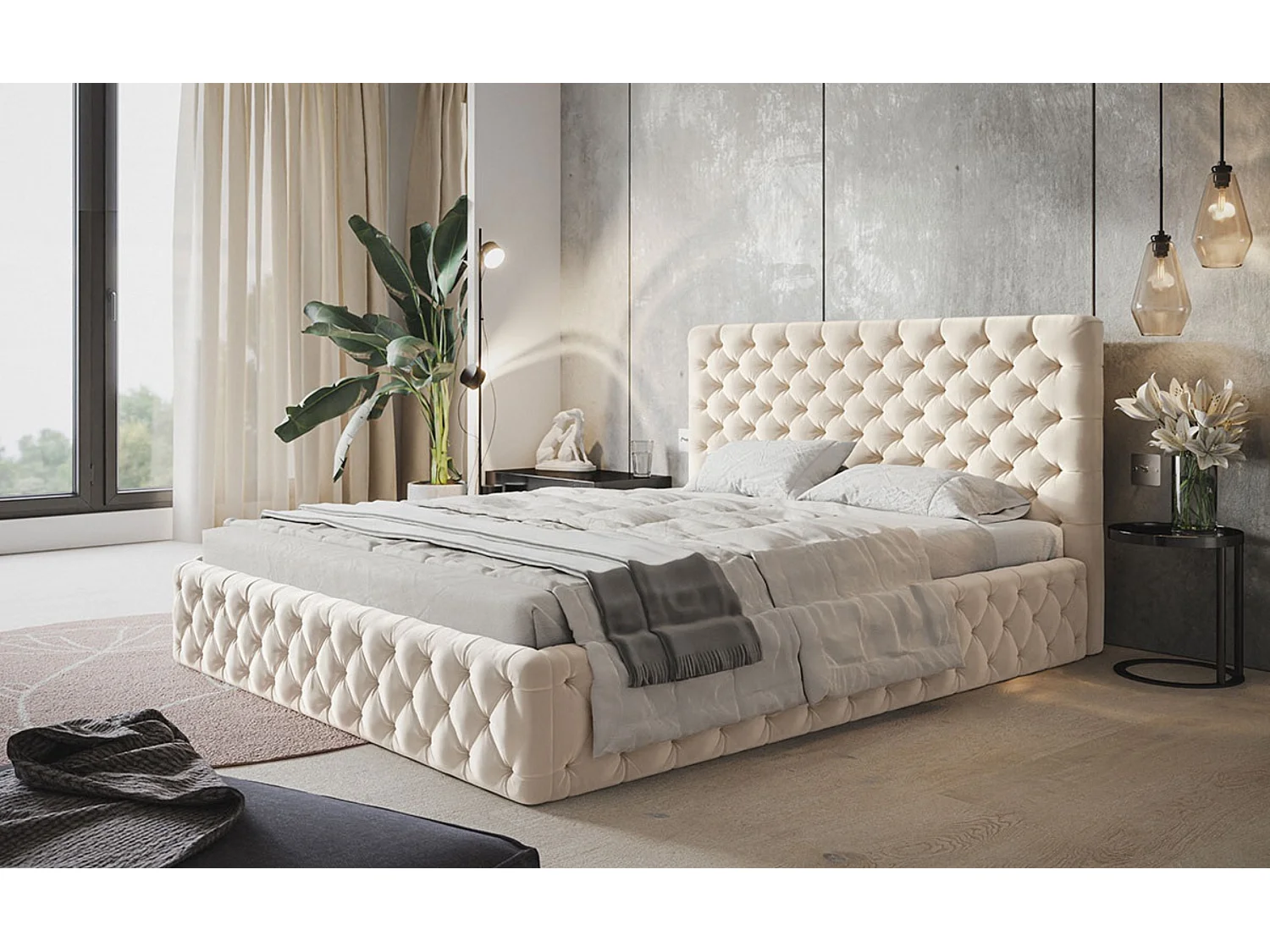 Lit rembourré MIAMI SLIM avec tête de lit, 160 x 200 cm, lit double avec coffre de rangement et sommier à lattes en bois, couleur : beige, tissu velours