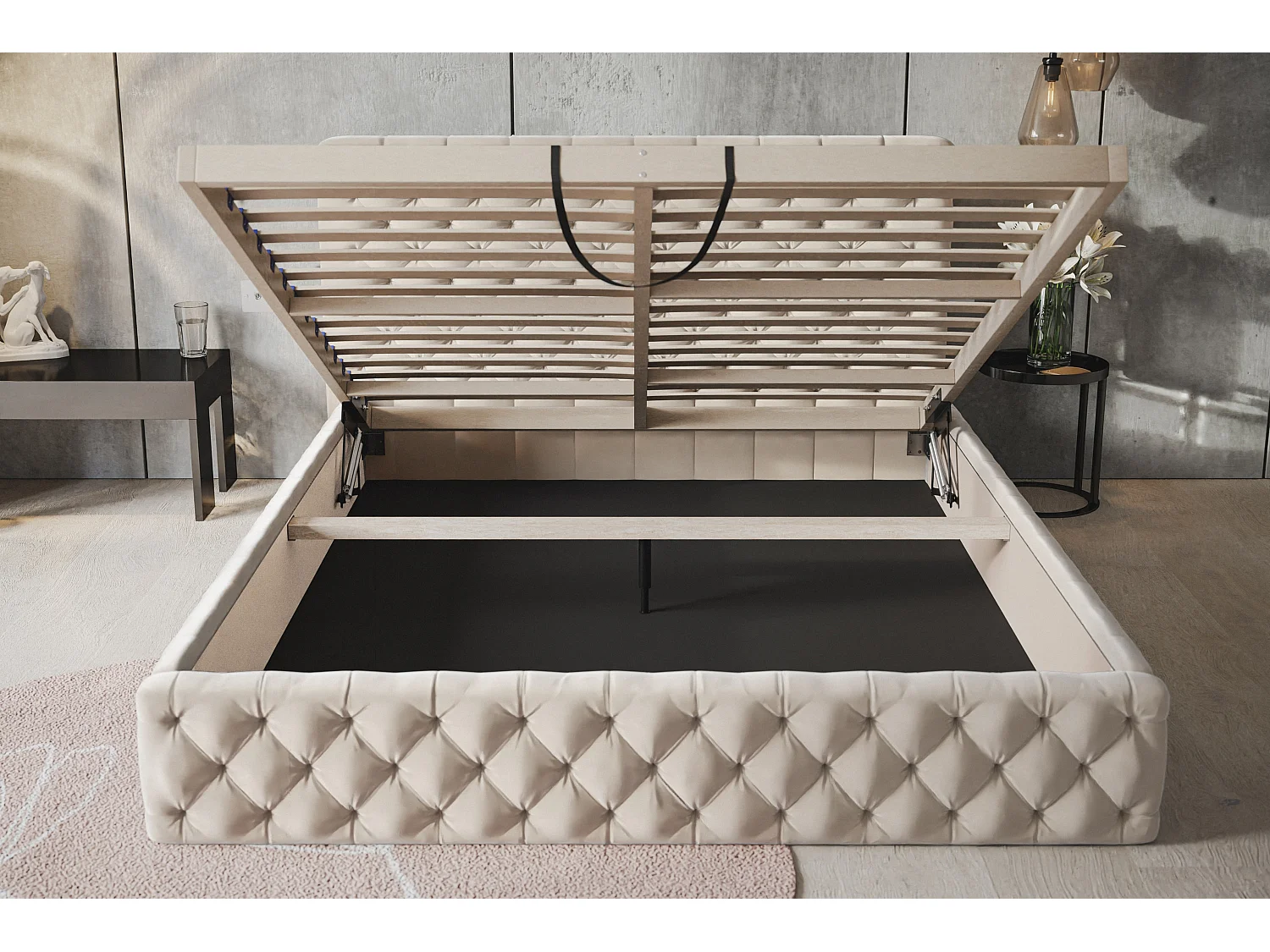 Lit rembourré MIAMI SLIM avec tête de lit, 160 x 200 cm, lit double avec coffre de rangement et sommier à lattes en bois, couleur : beige, tissu velours