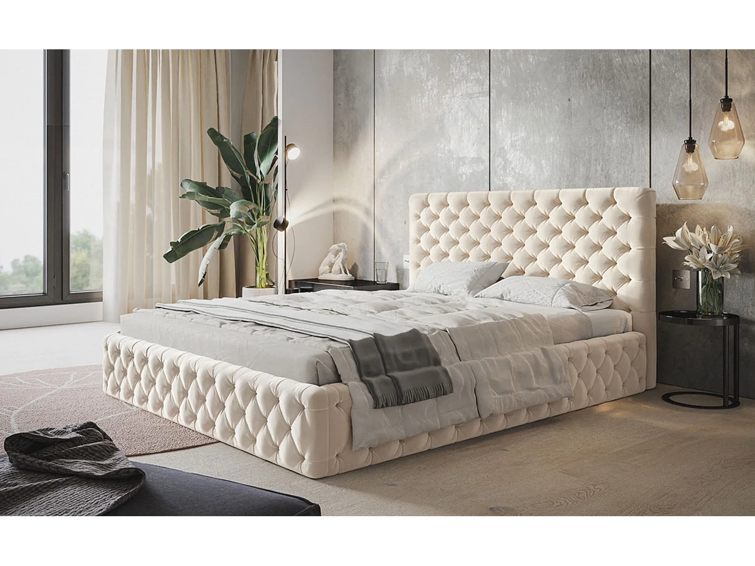 Lit rembourré MIAMI SLIM avec tête de lit, 160 x 200 cm, lit double avec coffre de rangement et sommier à lattes en bois, couleur : beige, tissu velours