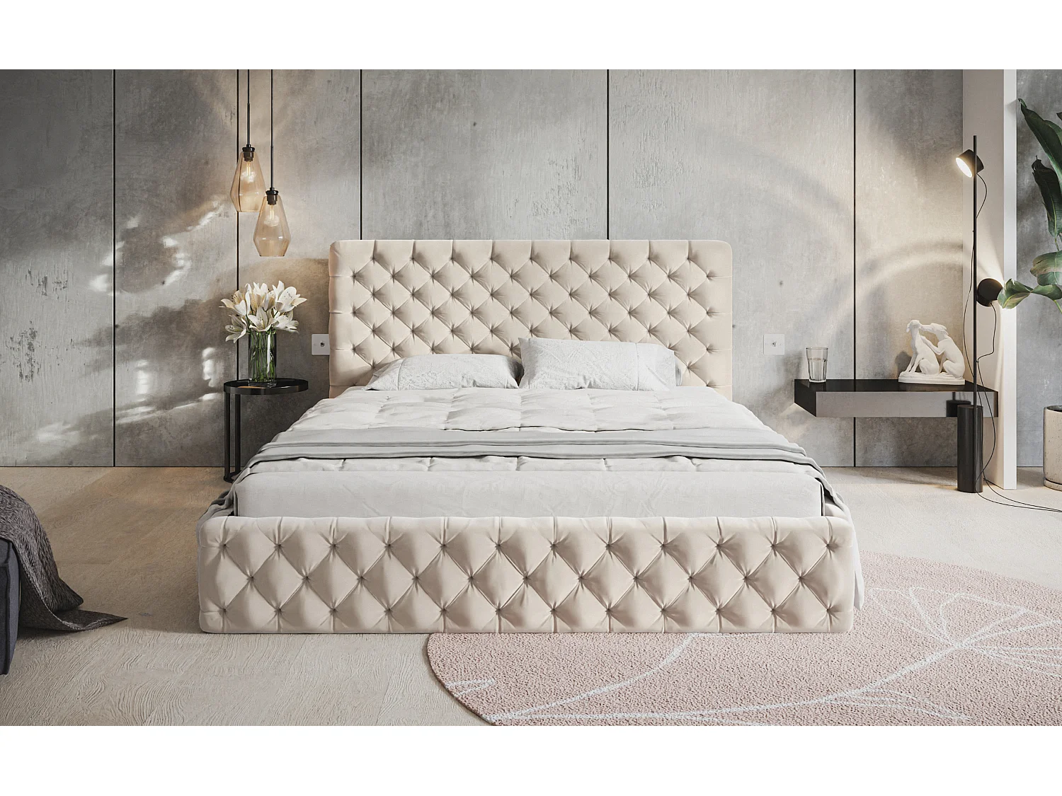 Lit rembourré MIAMI SLIM avec tête de lit, 160 x 200 cm, lit double avec coffre de rangement et sommier à lattes en bois, couleur : beige, tissu velours