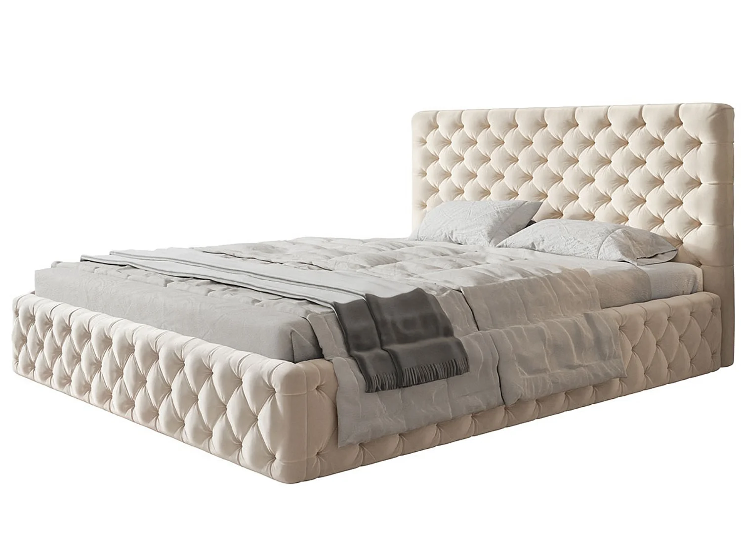 Lit rembourré MIAMI SLIM avec tête de lit, 160 x 200 cm, lit double avec coffre de rangement et sommier à lattes en bois, couleur : beige, tissu velours