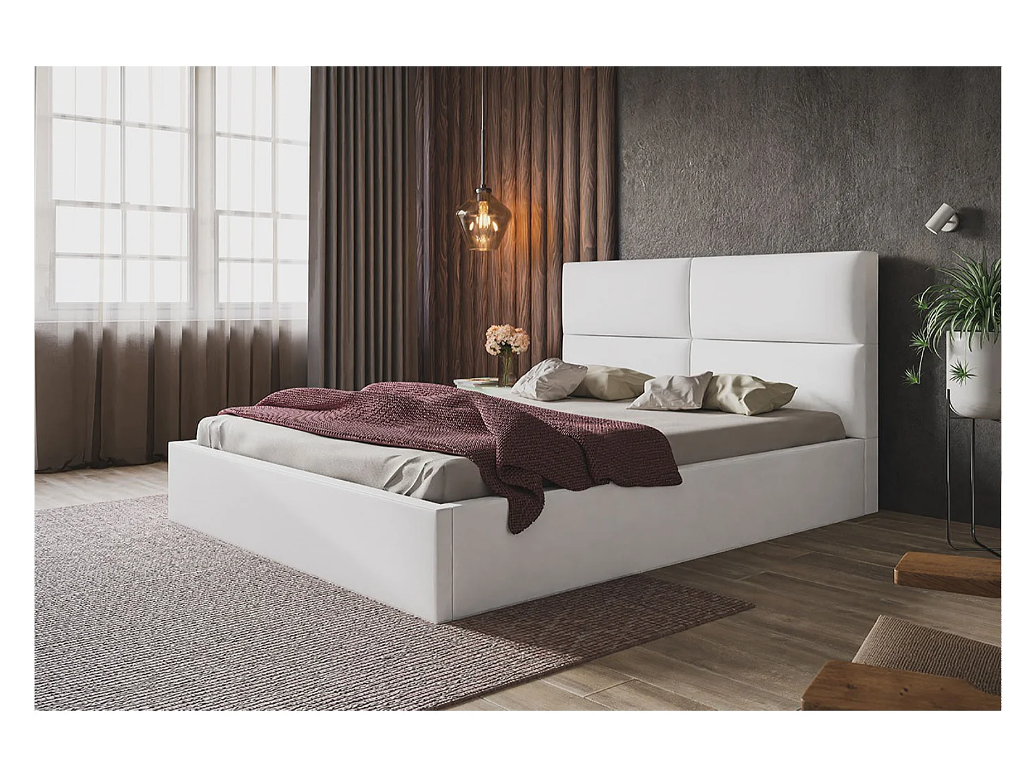 Lit rembourré LIZBONA SLIM avec tête de lit, 140 x 200 cm, lit double avec coffre de rangement et sommier à lattes en bois, couleur : gris clair, tissu velours