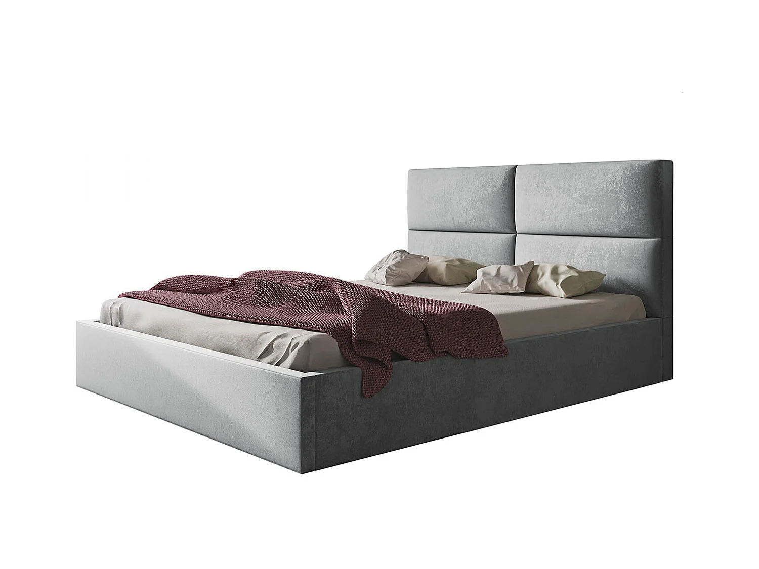 Lit rembourré LIZBONA SLIM avec tête de lit, 160 x 200 cm, lit double avec coffre de rangement et sommier à lattes en bois, couleur : gris, tissu velours