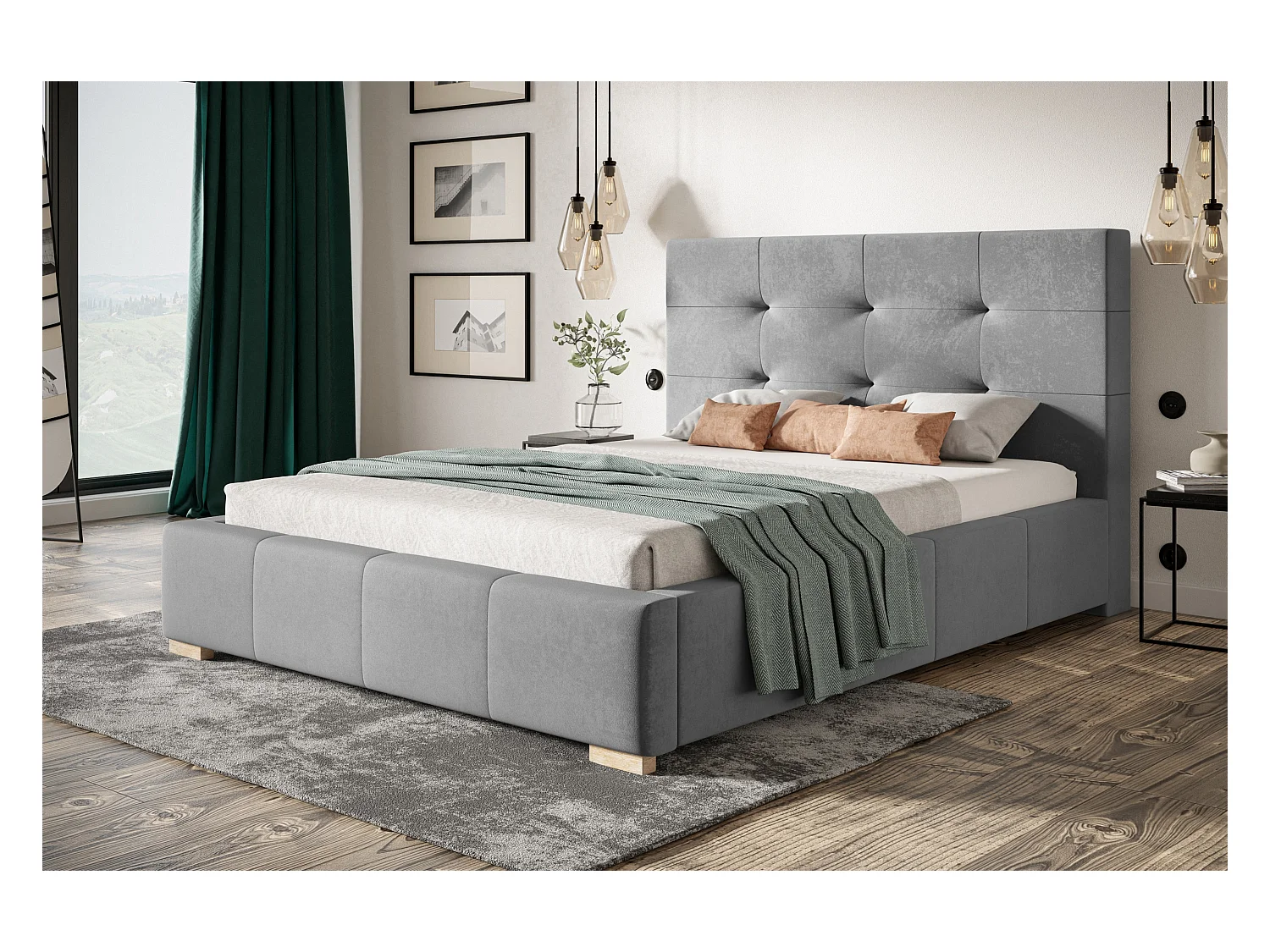 Lit rembourré Oslo avec tête de lit, 160x200 cm, lit double avec coffre de rangement et sommier à lattes en bois, tissu velours, couleur : gris