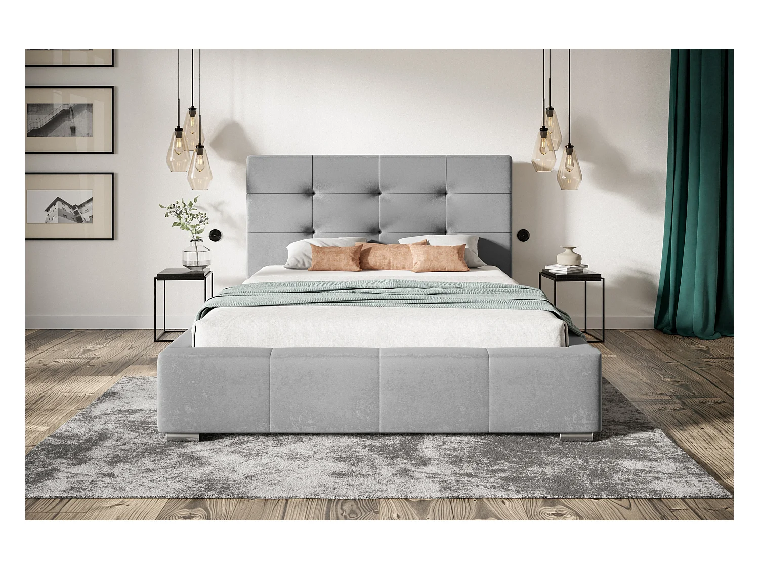 Lit rembourré Oslo avec tête de lit, 160x200 cm, lit double avec coffre de rangement et sommier à lattes en bois, tissu velours, couleur : gris