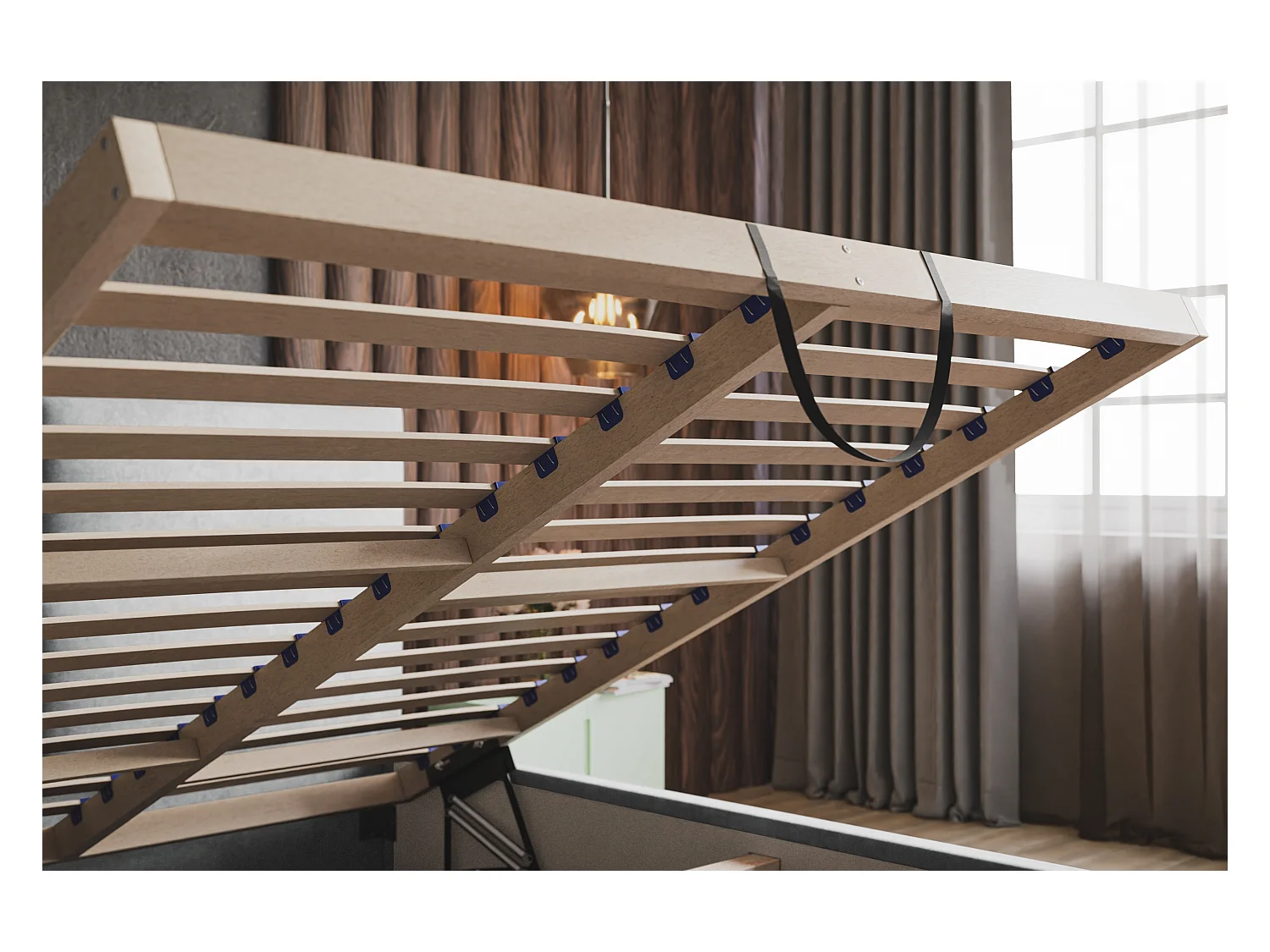 Lit rembourré LIZBONA SLIM avec tête de lit, 120 x 200 cm, lit double avec coffre de rangement et sommier à lattes en bois, couleur : gris clair, tissu velours