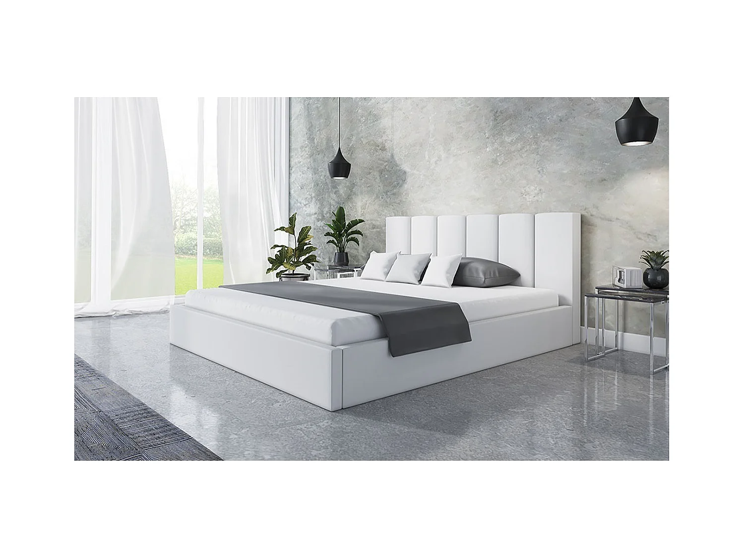 Lit rembourré TOKIO SLIM avec tête de lit, 140 x 200 cm, lit double avec coffre de rangement et sommier à lattes en bois, couleur : gris clair, tissu velours