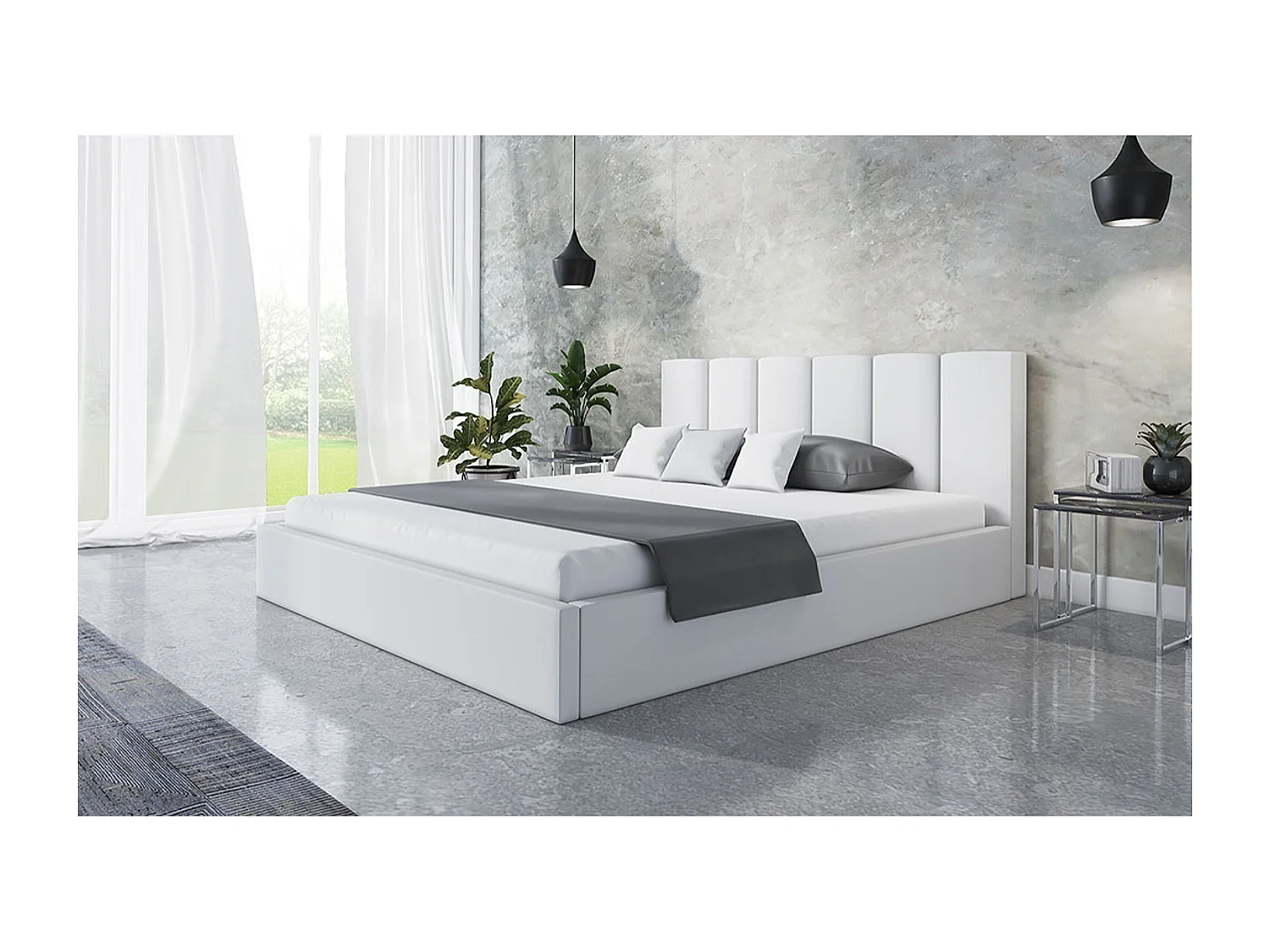 Lit rembourré TOKIO SLIM avec tête de lit, 140x200 cm, avec coffre de rangement et sommier à lattes en bois, couleur: gris clair, tissu velours