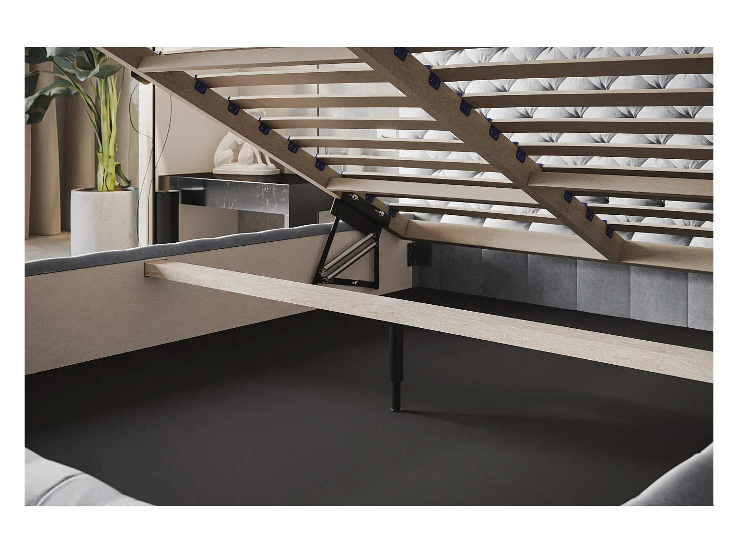 Lit rembourré MIAMI SLIM avec tête de lit, 140 x 200 cm, lit double avec coffre de rangement et sommier à lattes en bois, couleur : gris, tissu velours