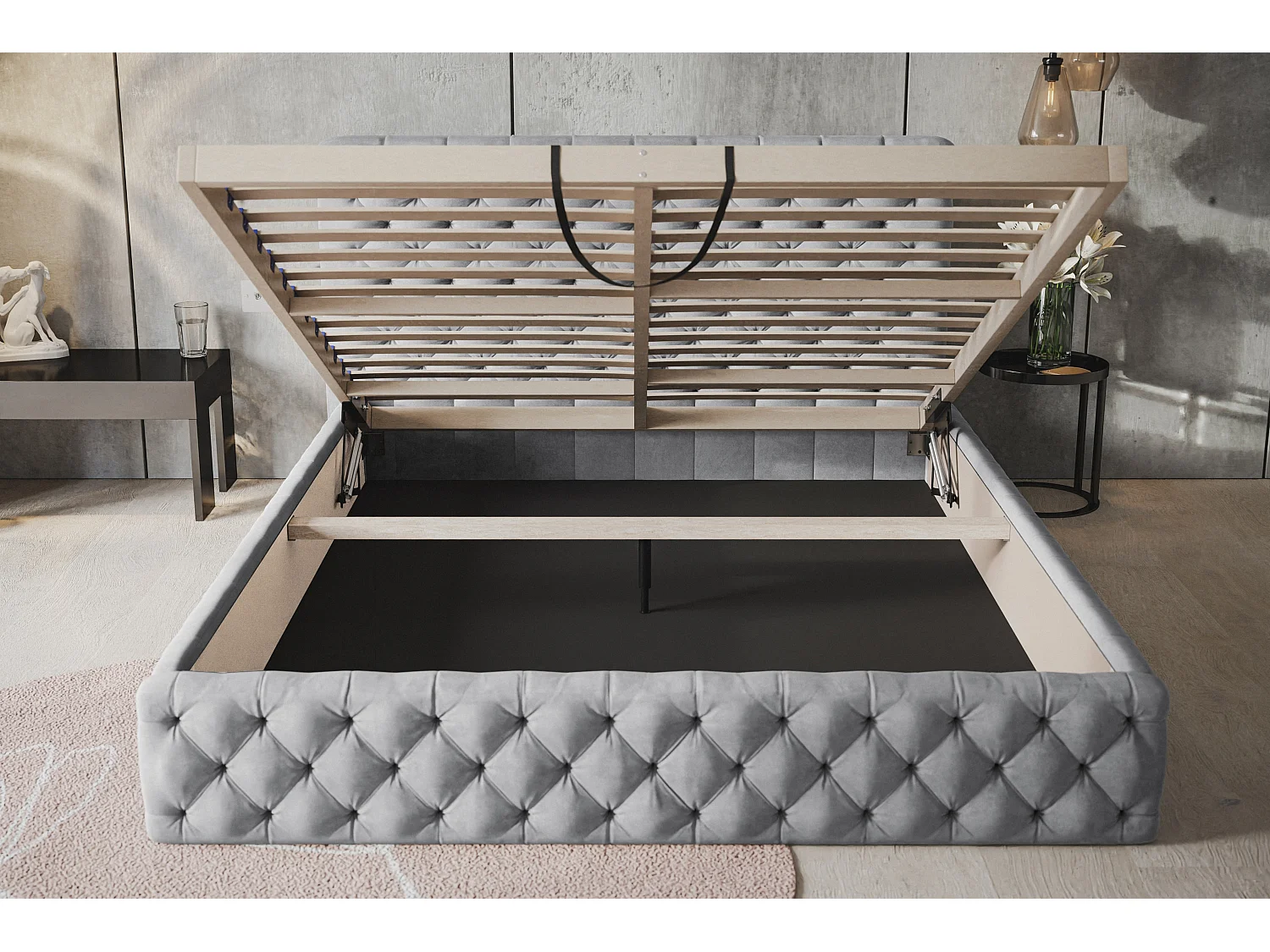 Lit rembourré MIAMI SLIM avec tête de lit, 140 x 200 cm, lit double avec coffre de rangement et sommier à lattes en bois, couleur : gris, tissu velours