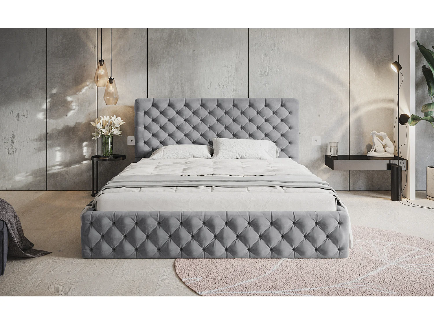 Lit rembourré MIAMI SLIM avec tête de lit, 140 x 200 cm, lit double avec coffre de rangement et sommier à lattes en bois, couleur : gris, tissu velours