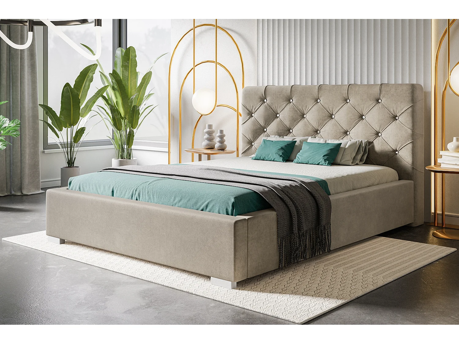 Lit rembourré Boston avec tête de lit, 160x200 cm,  avec coffre de rangement et sommier à lattes en bois, tissu velours, couleur: beige