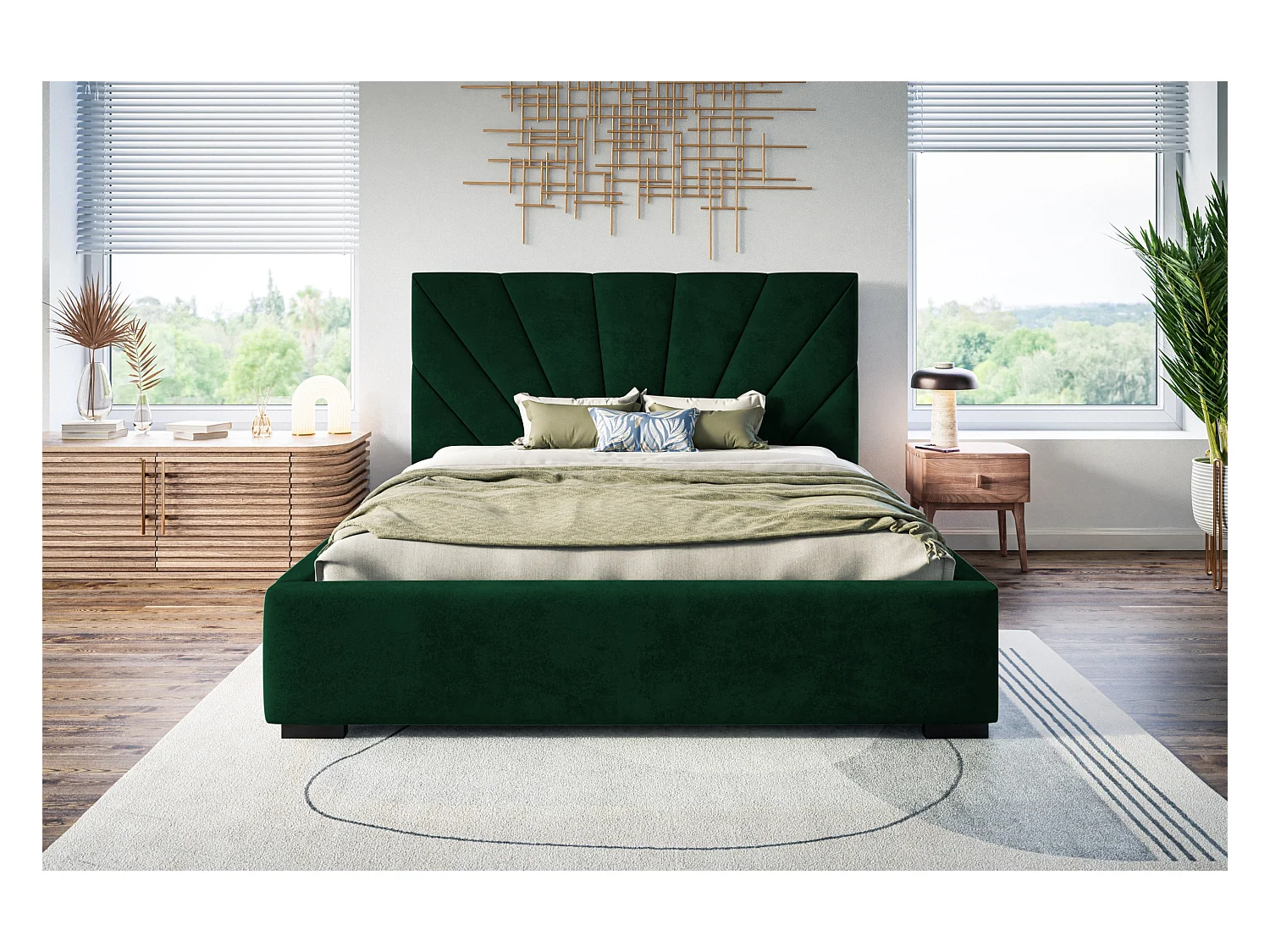 Lit rembourré Denver avec tête de lit, 180x200 cm, lit double avec coffre de rangement et sommier à lattes en bois, tissu velours, couleur : vert