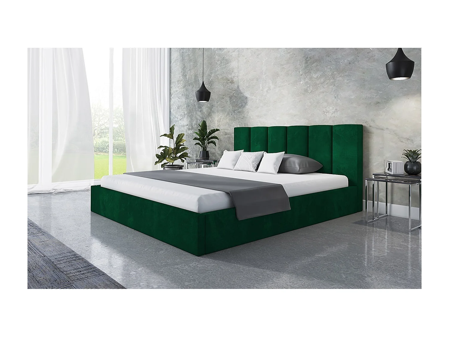 Lit rembourré TOKIO SLIM avec tête de lit, 140x200 cm, avec coffre de rangement et sommier à lattes en bois, couleur: vert, tissu velours