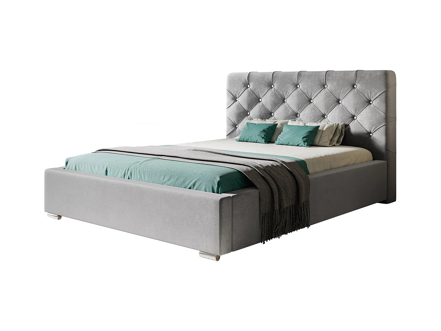 Lit rembourré Boston avec tête de lit, 160x200 cm, lit double avec coffre de rangement et sommier à lattes en bois, tissu velours, couleur : bleu foncé