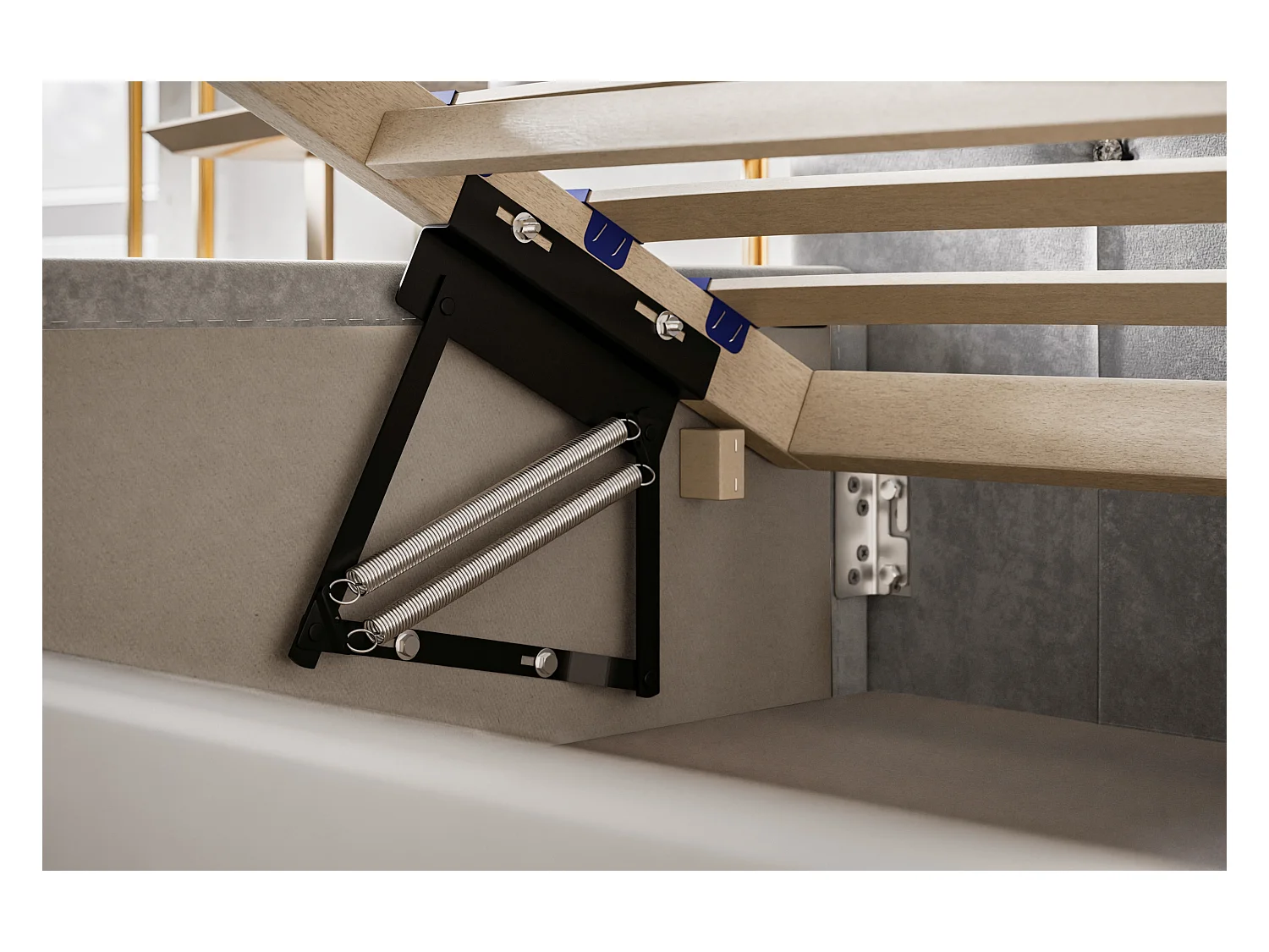 Lit rembourré Boston avec tête de lit, 160x200 cm, lit double avec coffre de rangement et sommier à lattes en bois, tissu velours, couleur : bleu foncé