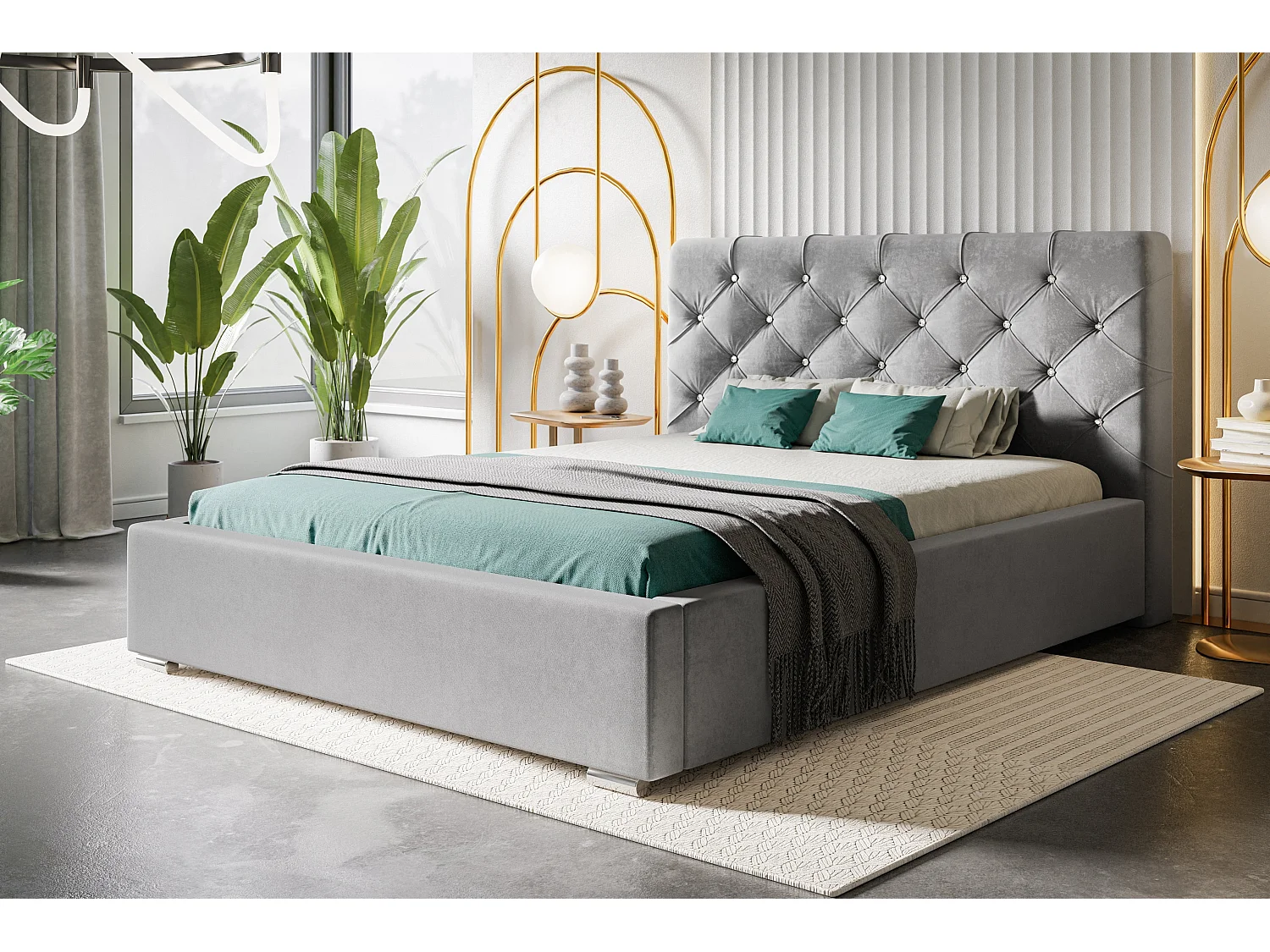 Lit rembourré Boston avec tête de lit, 160x200 cm,  avec coffre de rangement et sommier à lattes en bois, tissu velours, couleur: bleu foncé