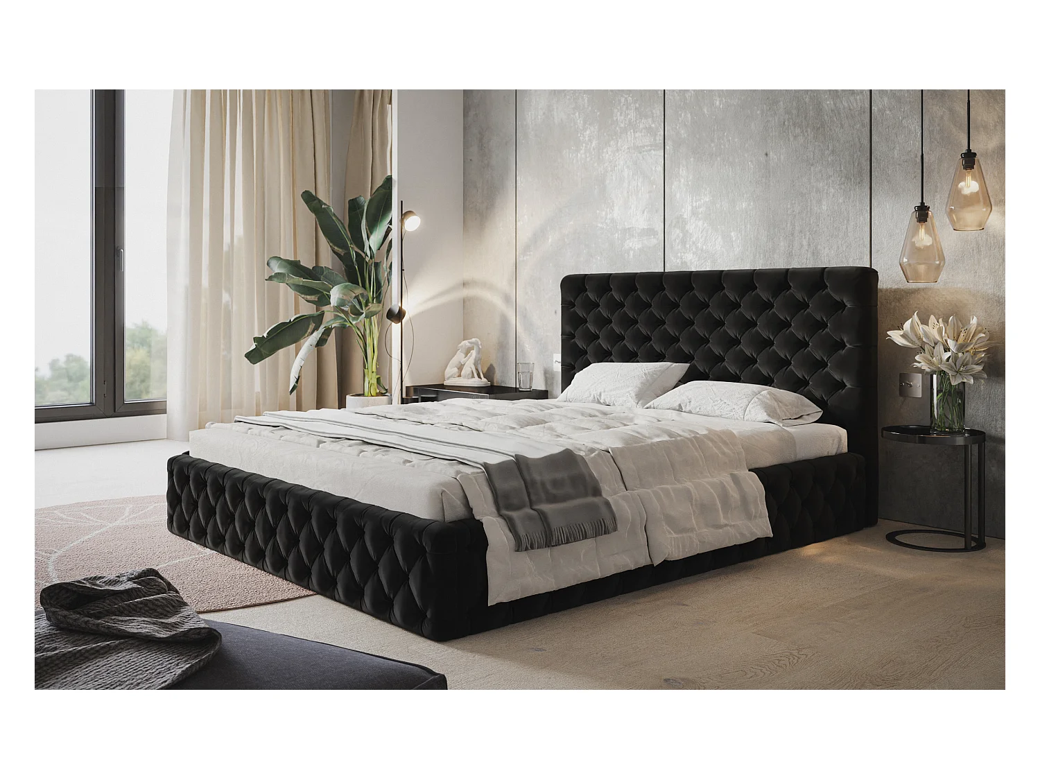 Lit rembourré MIAMI SLIM avec tête de lit, 120 x 200 cm, lit double avec coffre de rangement et sommier à lattes en bois, couleur : noir, tissu velours