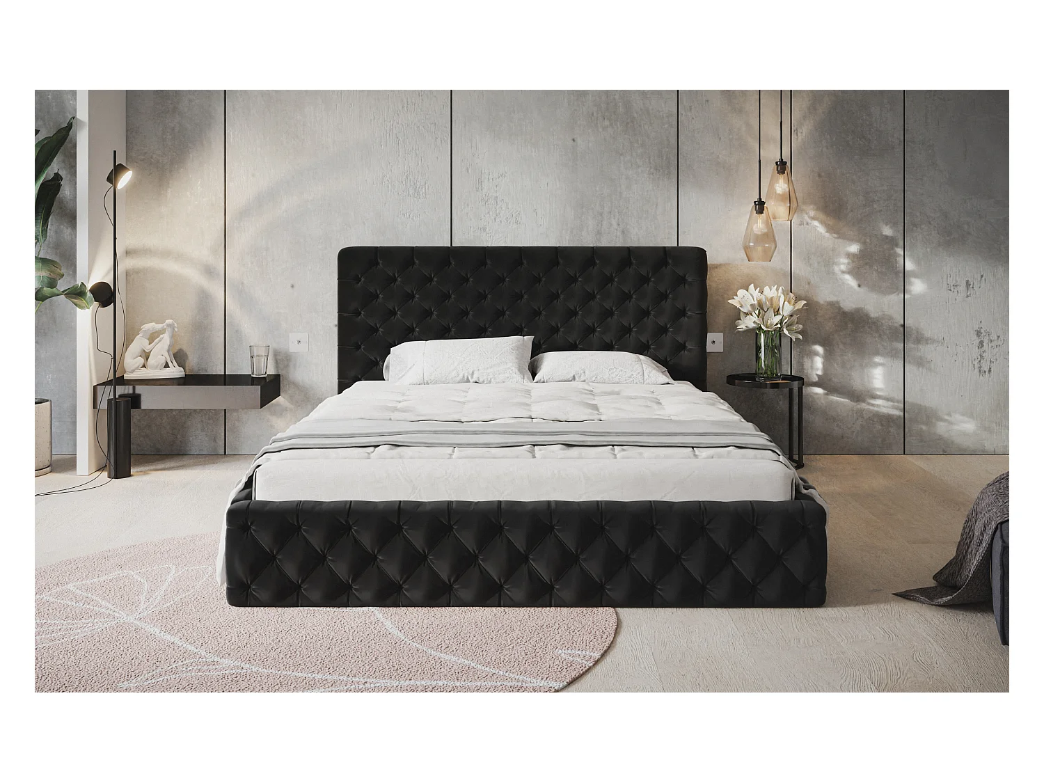 Lit rembourré MIAMI SLIM avec tête de lit, 120 x 200 cm, lit double avec coffre de rangement et sommier à lattes en bois, couleur : noir, tissu velours