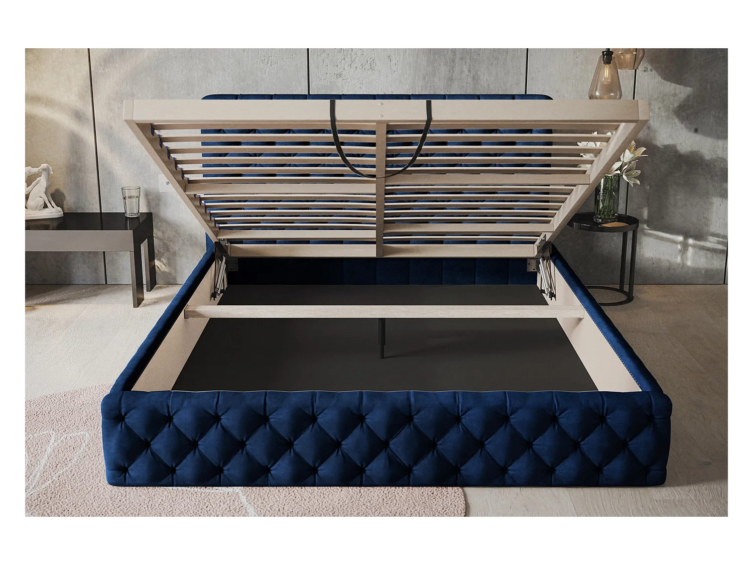 Lit rembourré MIAMI SLIM avec tête de lit, 120 x 200 cm, lit double avec coffre de rangement et sommier à lattes en bois, couleur : noir, tissu velours