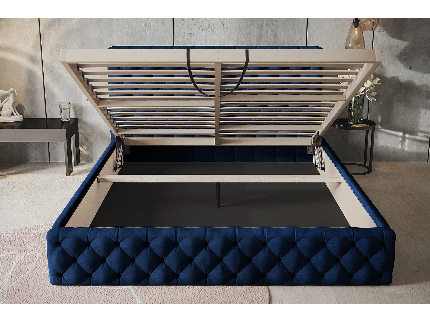 Lit rembourré MIAMI SLIM avec tête de lit, 120 x 200 cm, lit double avec coffre de rangement et sommier à lattes en bois, couleur : noir, tissu velours