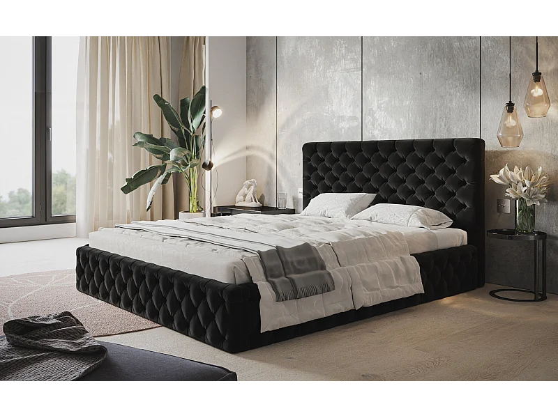 Lit rembourré MIAMI SLIM avec tête de lit, 120 x 200 cm, lit double avec coffre de rangement et sommier à lattes en bois, couleur : noir, tissu velours