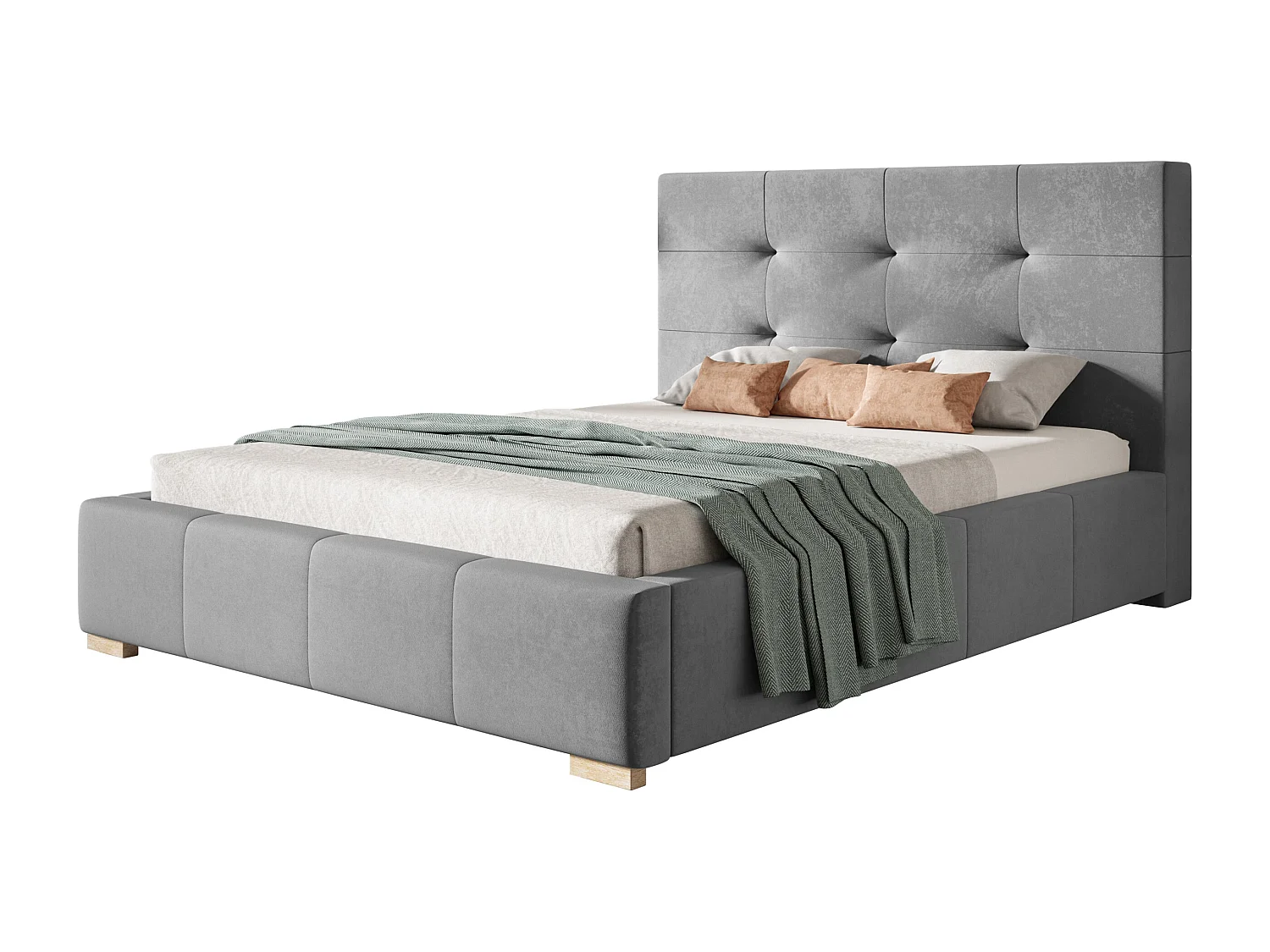 Lit rembourré Oslo avec tête de lit, 140x200 cm, lit double avec coffre de rangement et sommier à lattes en bois, tissu velours, couleur : gris