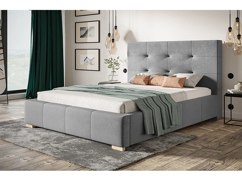 Lit rembourré Oslo avec tête de lit, 140x200 cm, lit double avec coffre de rangement et sommier à lattes en bois, tissu velours, couleur : gris