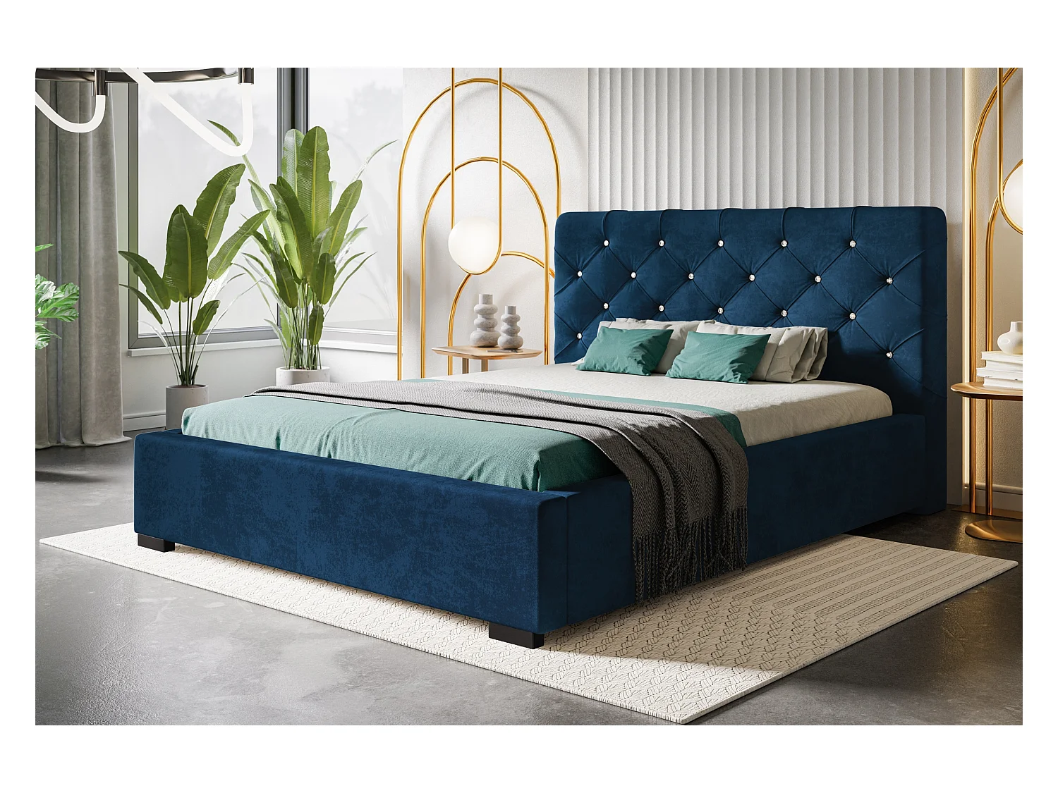 Lit rembourré Boston avec tête de lit, 160x200 cm, lit double avec coffre de rangement et sommier à lattes en bois, tissu velours, couleur : gris