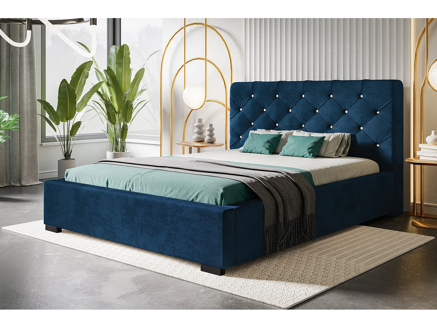 Lit rembourré Boston avec tête de lit, 160x200 cm,  avec coffre de rangement et sommier à lattes en bois, tissu velours, couleur: gris