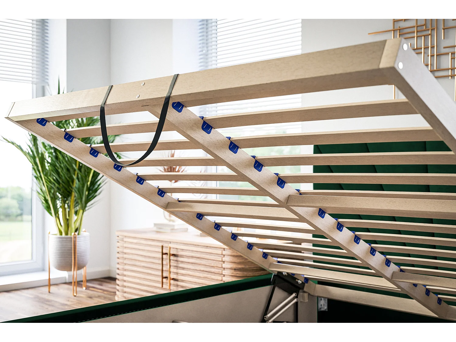 Lit rembourré Denver avec tête de lit, 120x200 cm, lit double avec coffre de rangement et sommier à lattes en bois, tissu velours, couleur : vert